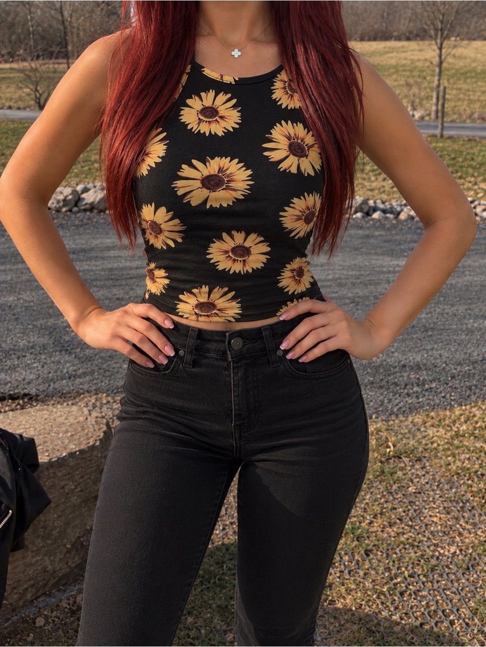 Sunflower Print Halter Crop Top - Black